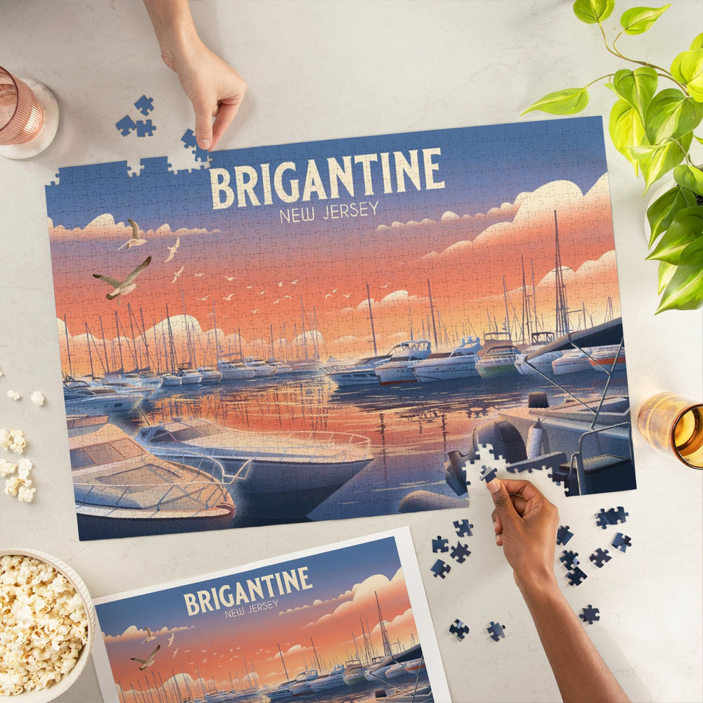 Brigantine, New Jersey, Lithograph, Home Sweet Harbor, Boats in Marina, Jigsaw Puzzle Puzzle Lantern Press 