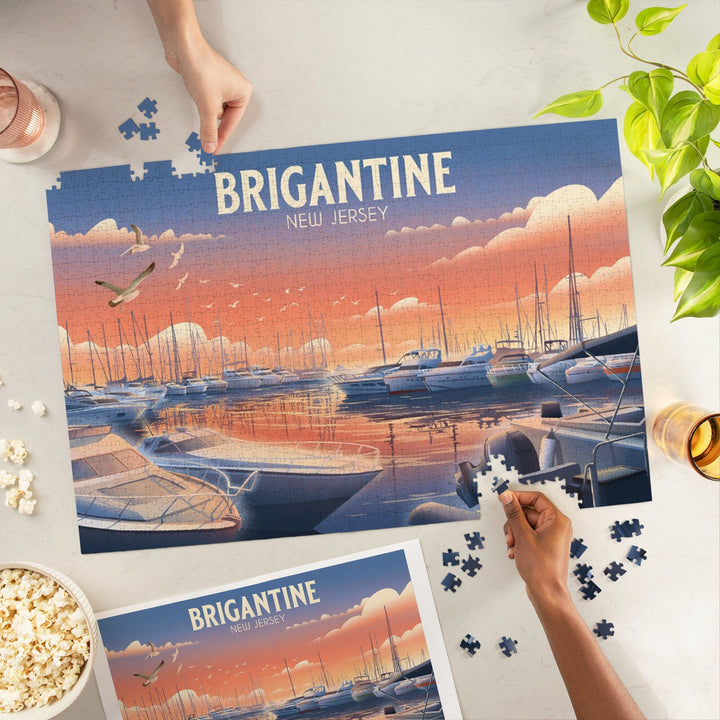 Brigantine, New Jersey, Lithograph, Home Sweet Harbor, Boats in Marina, Jigsaw Puzzle Puzzle Lantern Press 