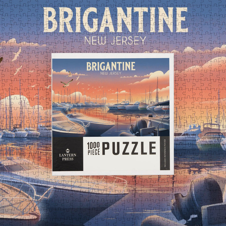 Brigantine, New Jersey, Lithograph, Home Sweet Harbor, Boats in Marina, Jigsaw Puzzle Puzzle Lantern Press 