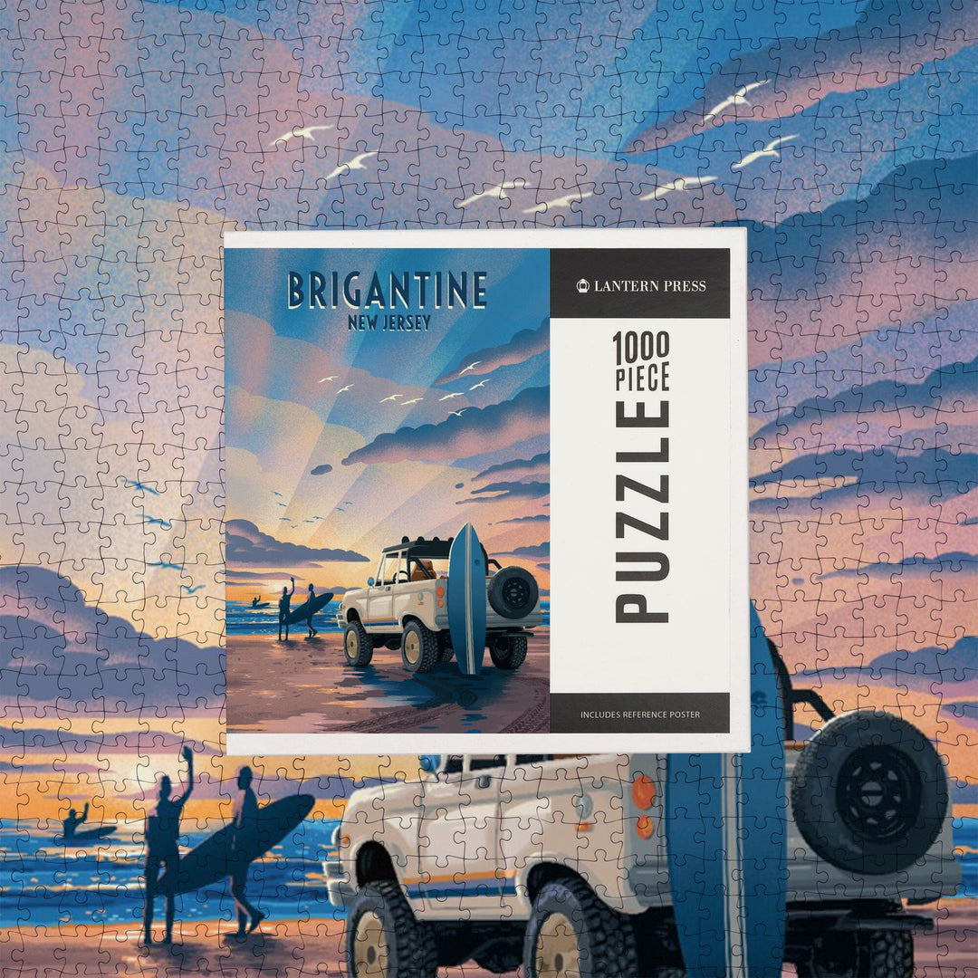 Brigantine, New Jersey, Lithograph, Wake Up! Surf's Up!, Surfers on Beach, Jigsaw Puzzle Puzzle Lantern Press 