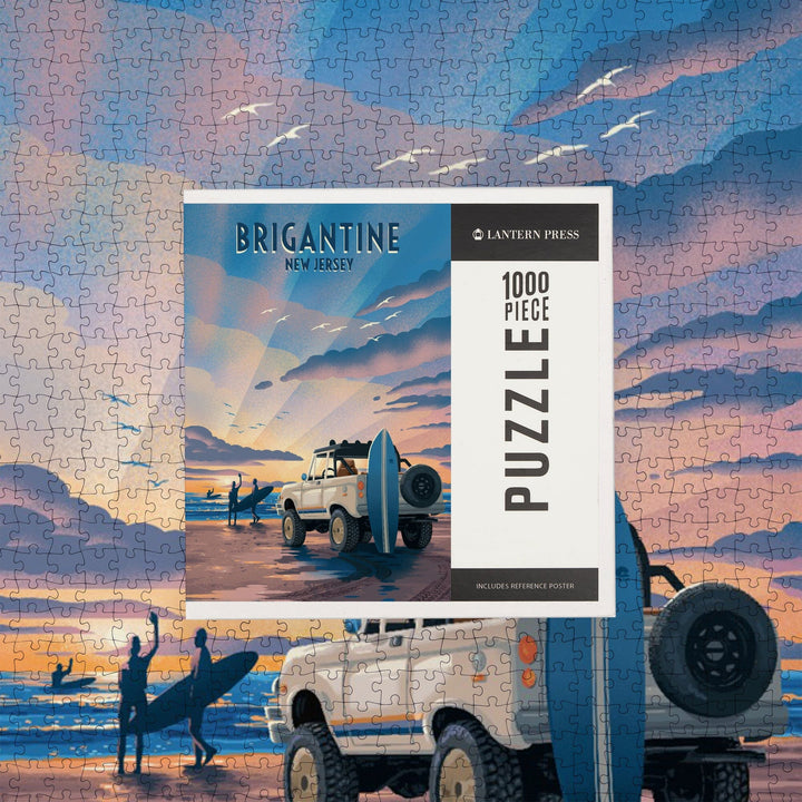 Brigantine, New Jersey, Lithograph, Wake Up! Surf's Up!, Surfers on Beach, Jigsaw Puzzle Puzzle Lantern Press 