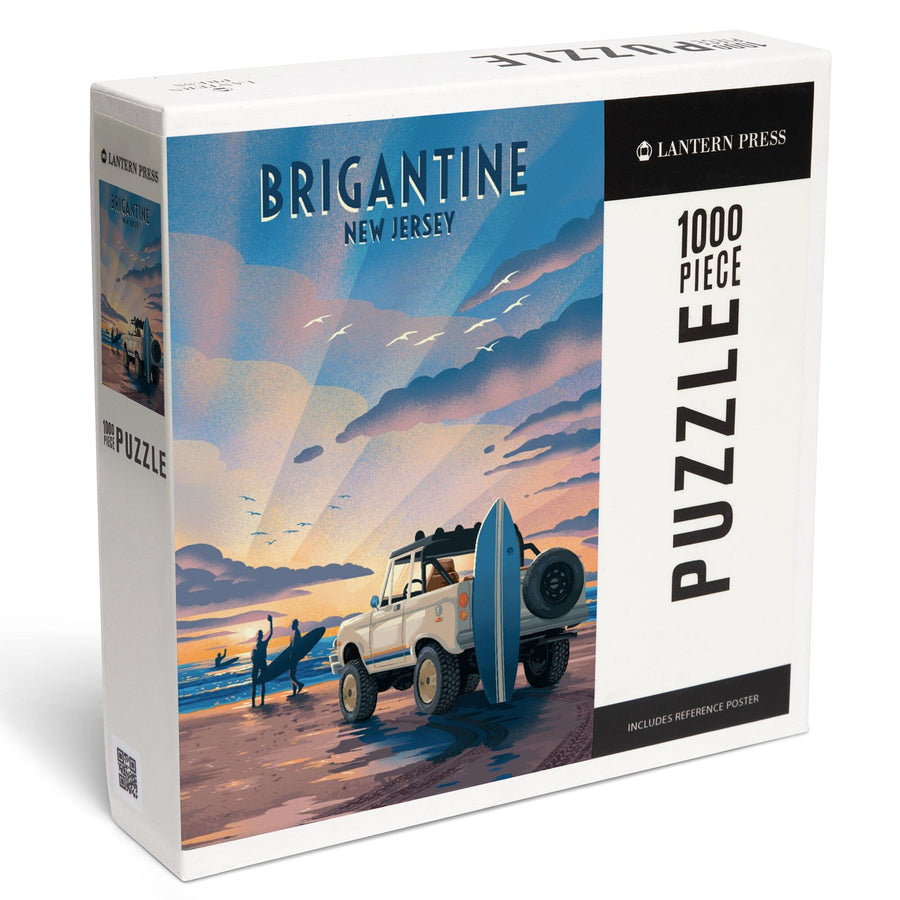 Brigantine, New Jersey, Lithograph, Wake Up! Surf's Up!, Surfers on Beach, Jigsaw Puzzle Puzzle Lantern Press 