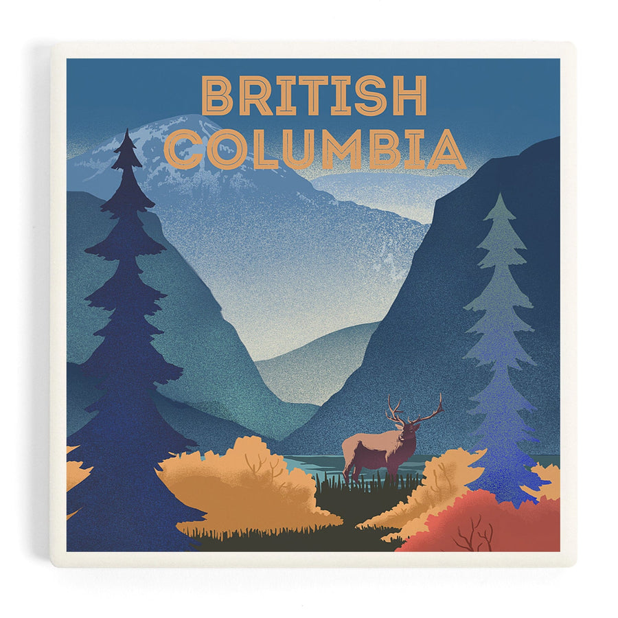 British Columbia, Lithograph, Elk and Mountains Scene, Coasters Coasters Lantern Press 