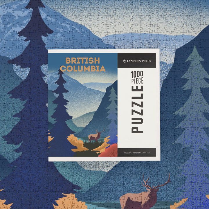 British Columbia, Lithograph, Elk and Mountains Scene, Jigsaw Puzzle Puzzle Lantern Press 
