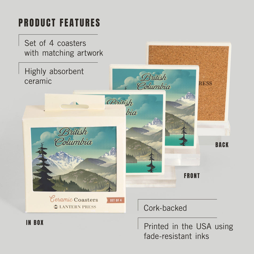 British Columbia, Lithograph, Lake and Mountain Scene, Coasters Coasters Lantern Press 