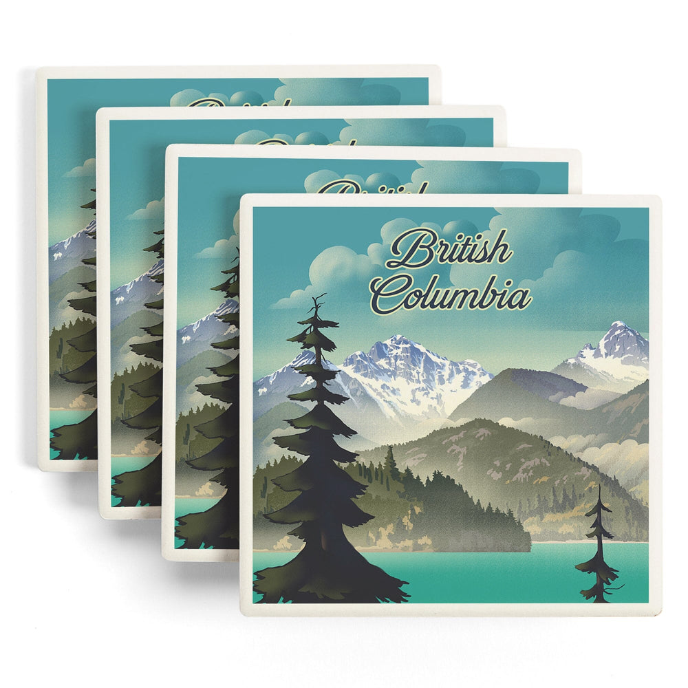 British Columbia, Lithograph, Lake and Mountain Scene, Coasters Coasters Lantern Press 