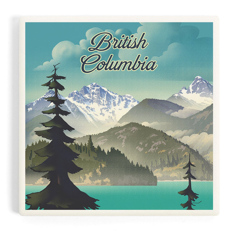 British Columbia, Lithograph, Lake and Mountain Scene, Coasters Coasters Lantern Press 
