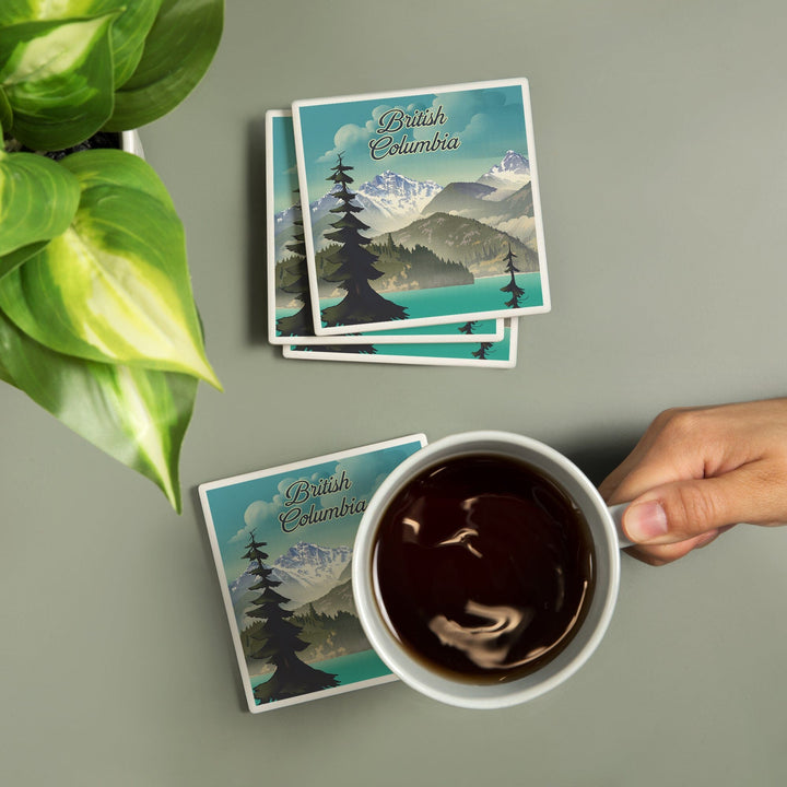 British Columbia, Lithograph, Lake and Mountain Scene, Coasters Coasters Lantern Press 