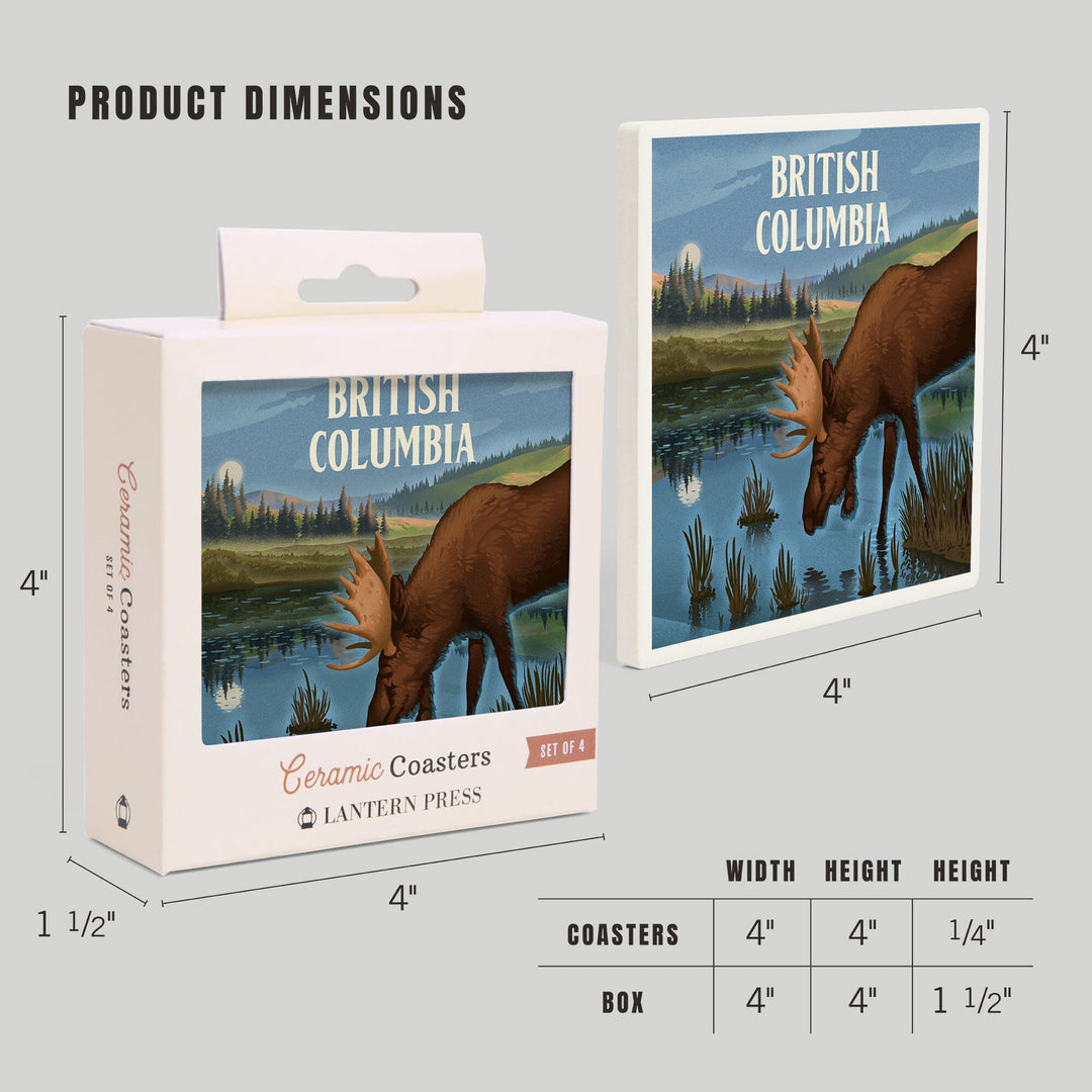 British Columbia, Lithograph, Reflection Pond and Bull Moose, Coasters Coasters Lantern Press 
