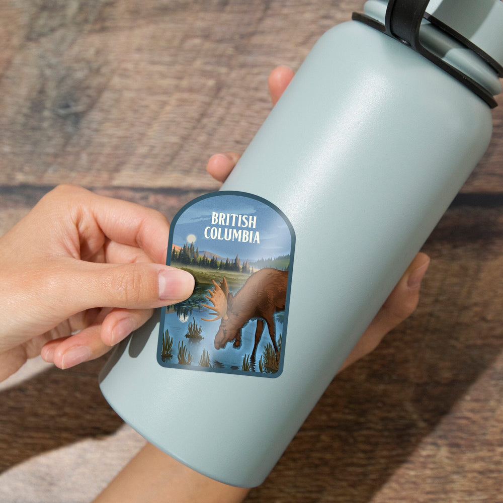 British Columbia, Lithograph, Reflection Pond and Bull Moose, Contour, Vinyl Sticker Sticker Lantern Press 