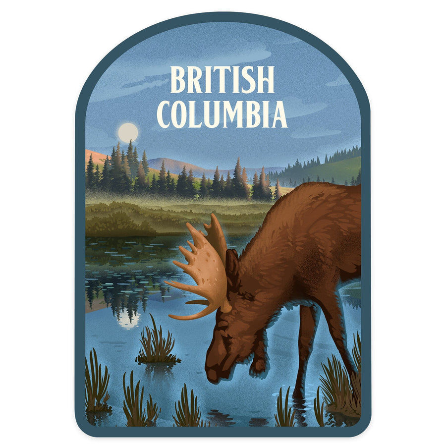 British Columbia, Lithograph, Reflection Pond and Bull Moose, Contour, Vinyl Sticker Sticker Lantern Press 