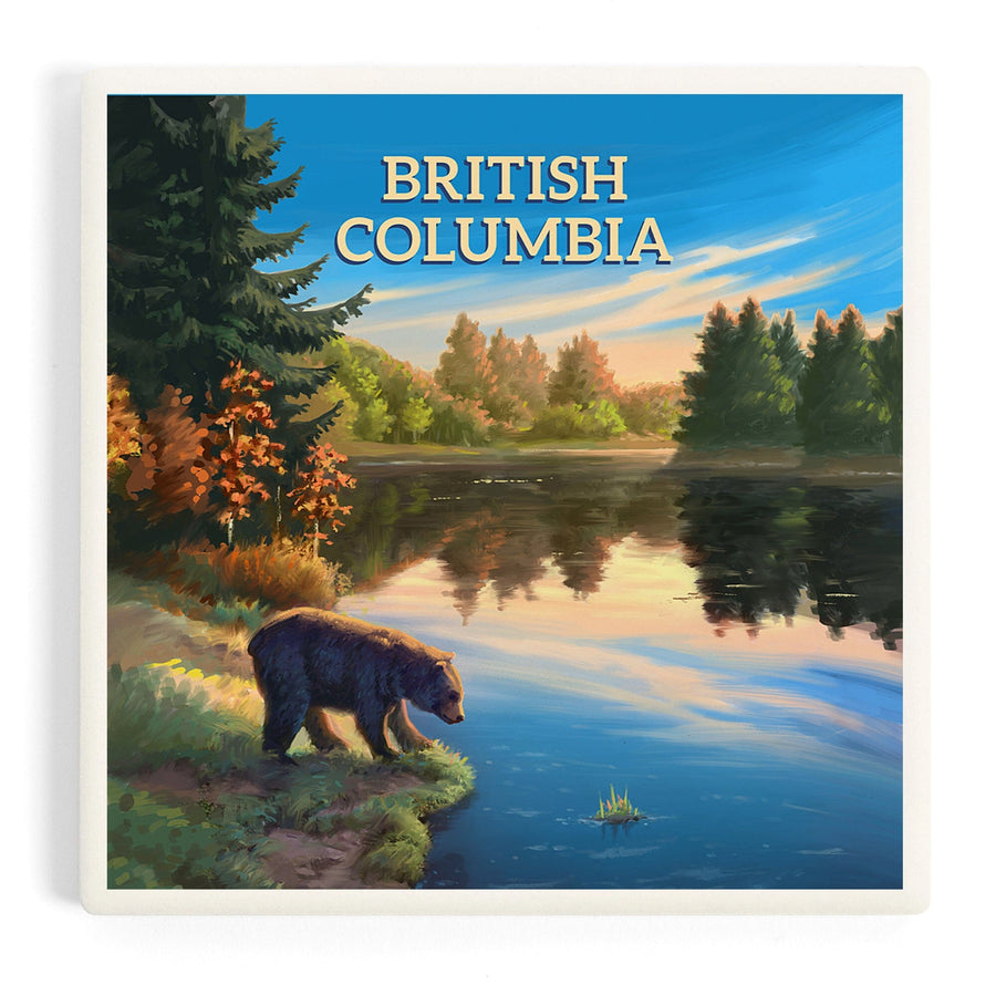 British Columbia, Oil Painting, Bear By Lake At Sunrise, Coasters Coasters Lantern Press 