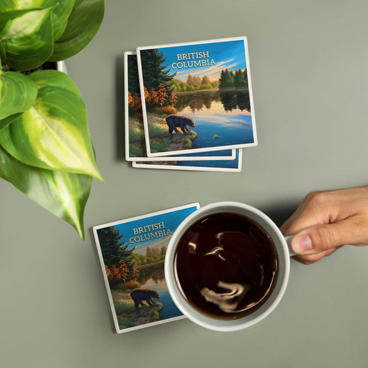 British Columbia, Oil Painting, Bear By Lake At Sunrise, Coasters Coasters Lantern Press 