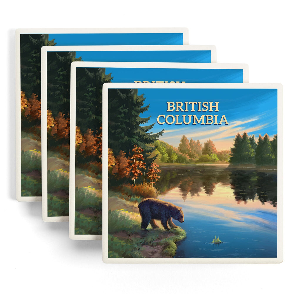 British Columbia, Oil Painting, Bear By Lake At Sunrise, Coasters Coasters Lantern Press 