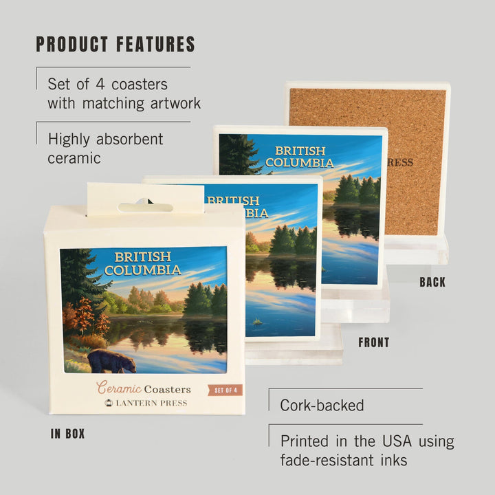 British Columbia, Oil Painting, Bear By Lake At Sunrise, Coasters Coasters Lantern Press 
