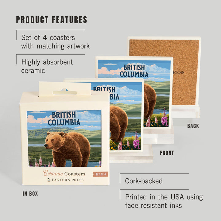 British Columbia, Painterly, Grizzly Bear in Meadow, Coasters Coasters Lantern Press 
