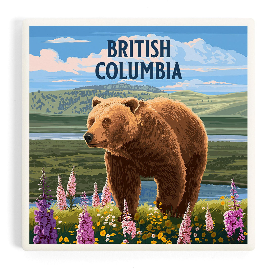 British Columbia, Painterly, Grizzly Bear in Meadow, Coasters Coasters Lantern Press 