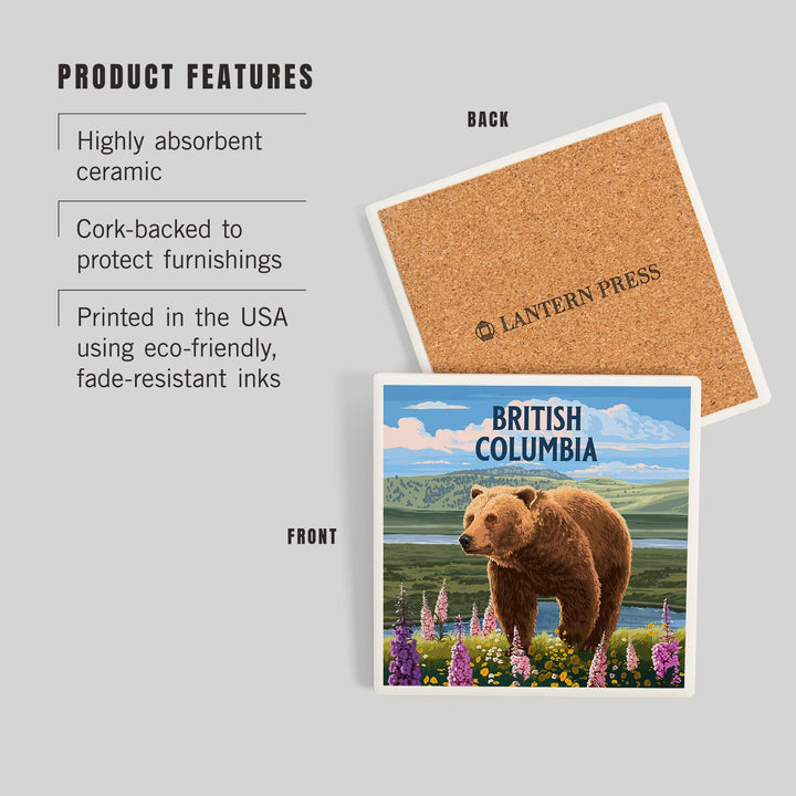 British Columbia, Painterly, Grizzly Bear in Meadow, Coasters Coasters Lantern Press 