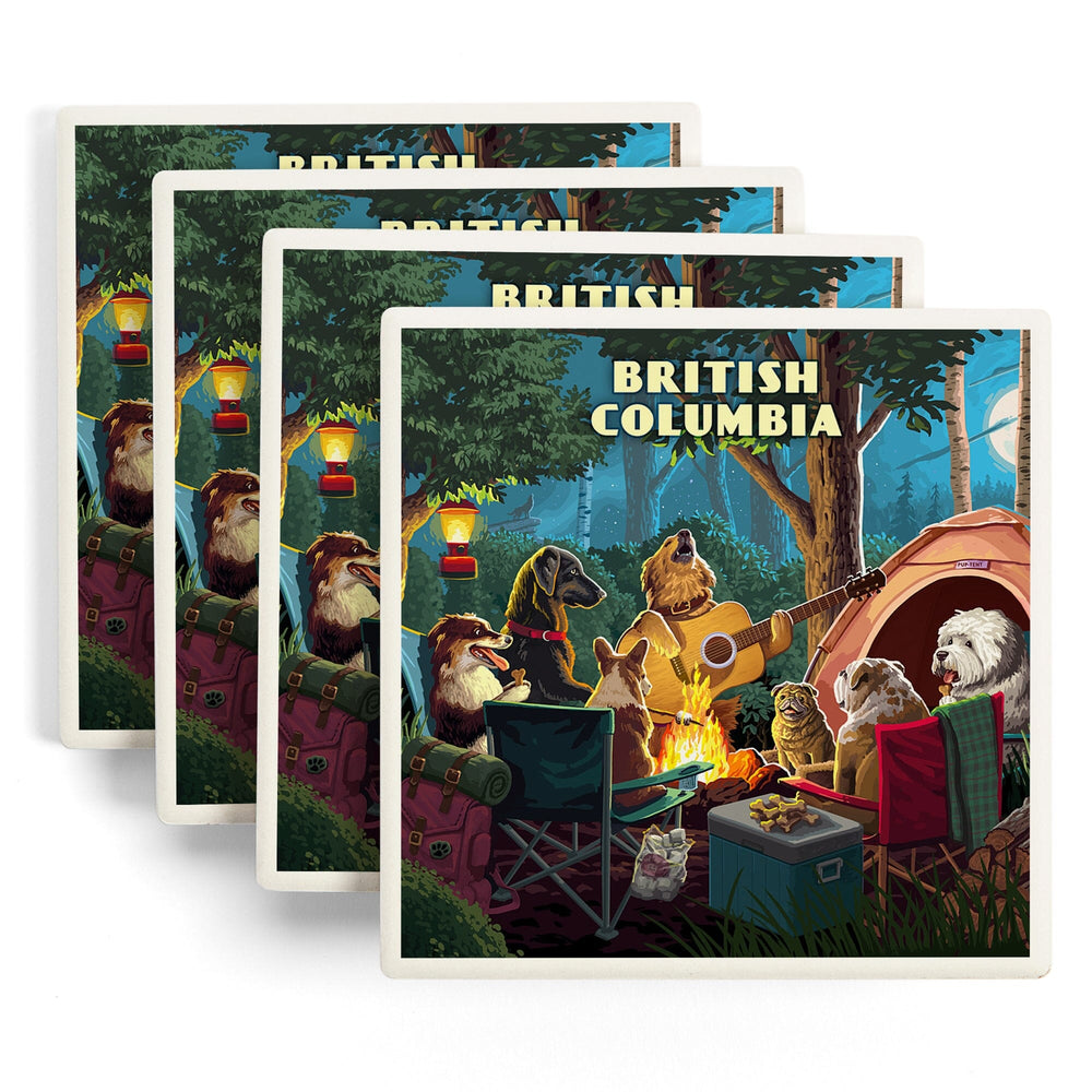 British Columbia, Painterly, Pack Life, Dogs Around Campfire, Coasters Coasters Lantern Press 