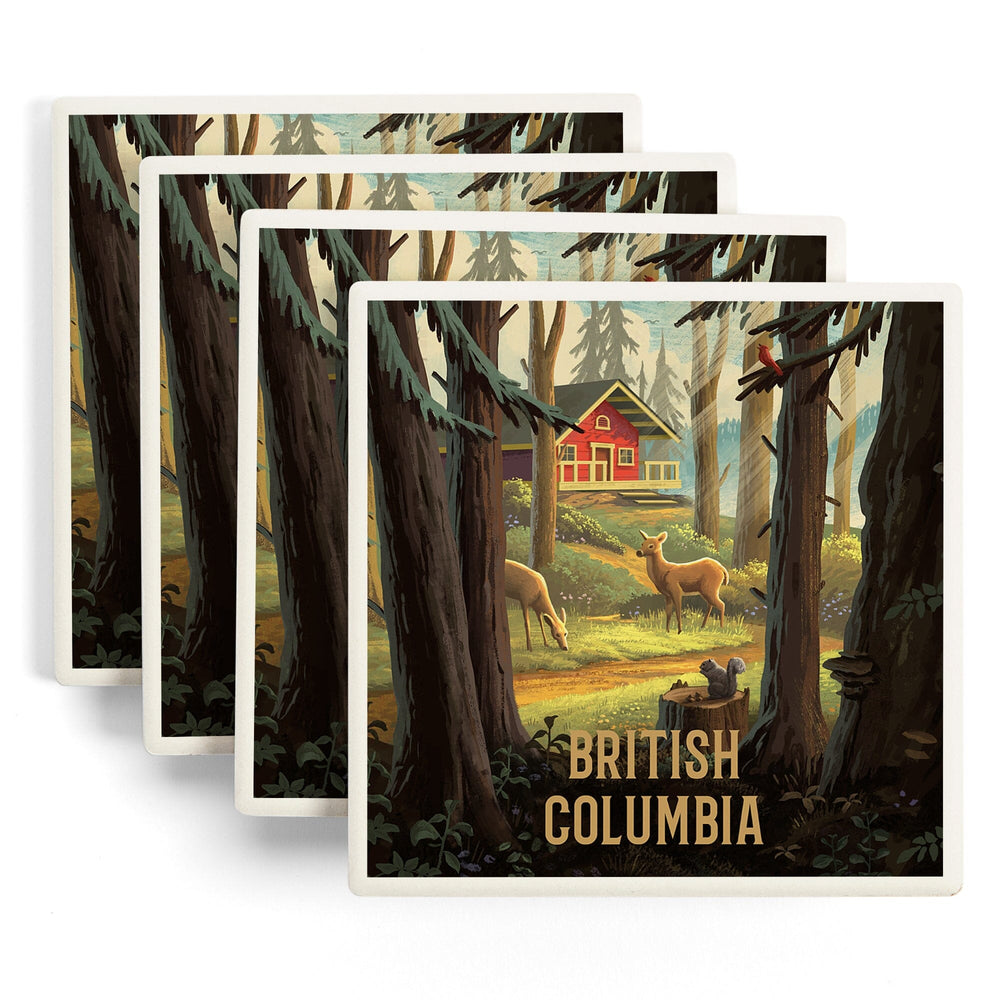 British Columbia, Slip Away, Cabin With Wildlife, Coasters Coasters Lantern Press 