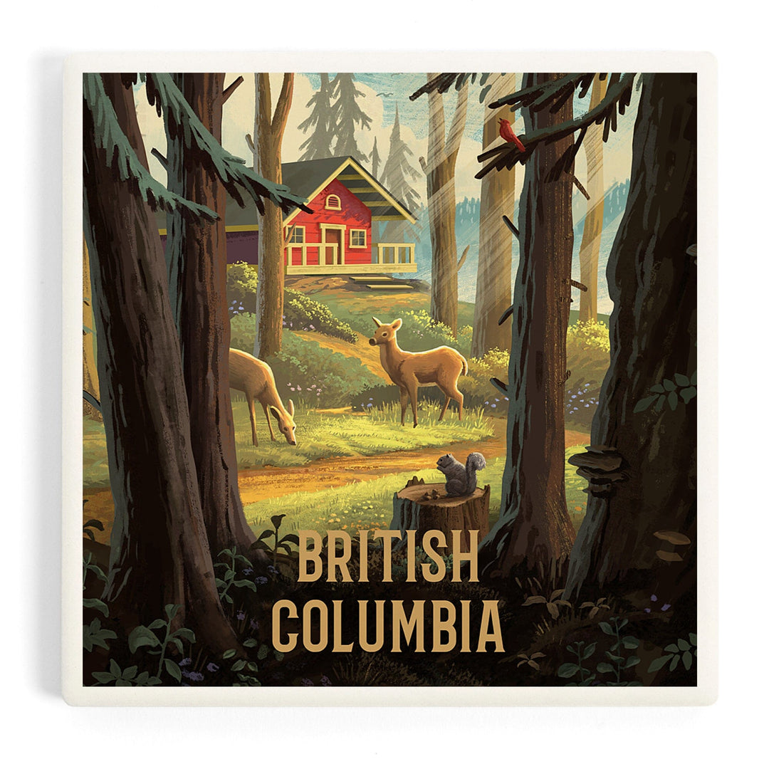 British Columbia, Slip Away, Cabin With Wildlife, Coasters Coasters Lantern Press 