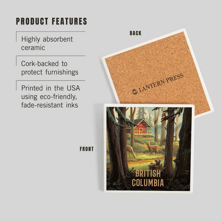 British Columbia, Slip Away, Cabin With Wildlife, Coasters Coasters Lantern Press 