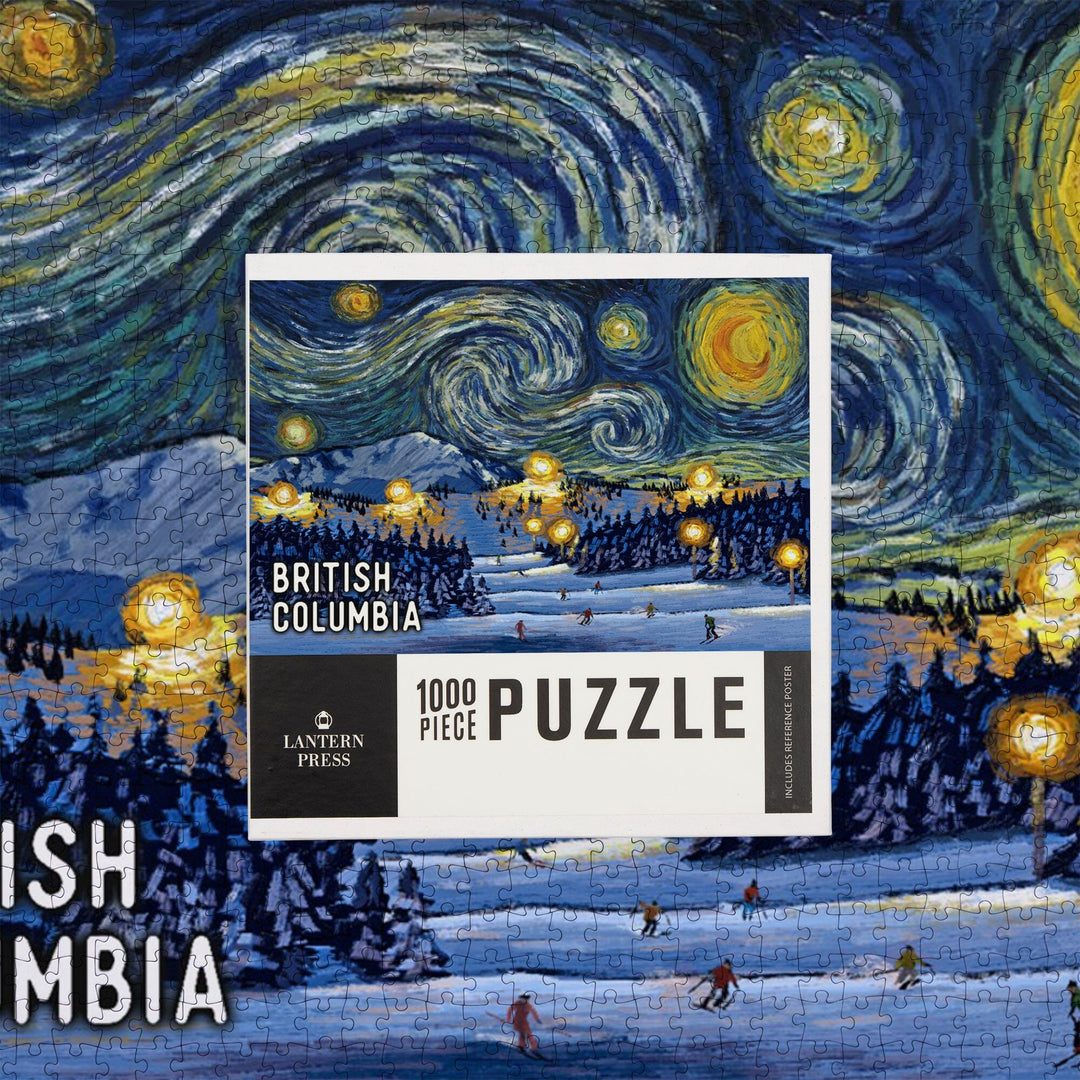 British Columbia, Starry Night, Ski, Jigsaw Puzzle Puzzle Lantern Press 