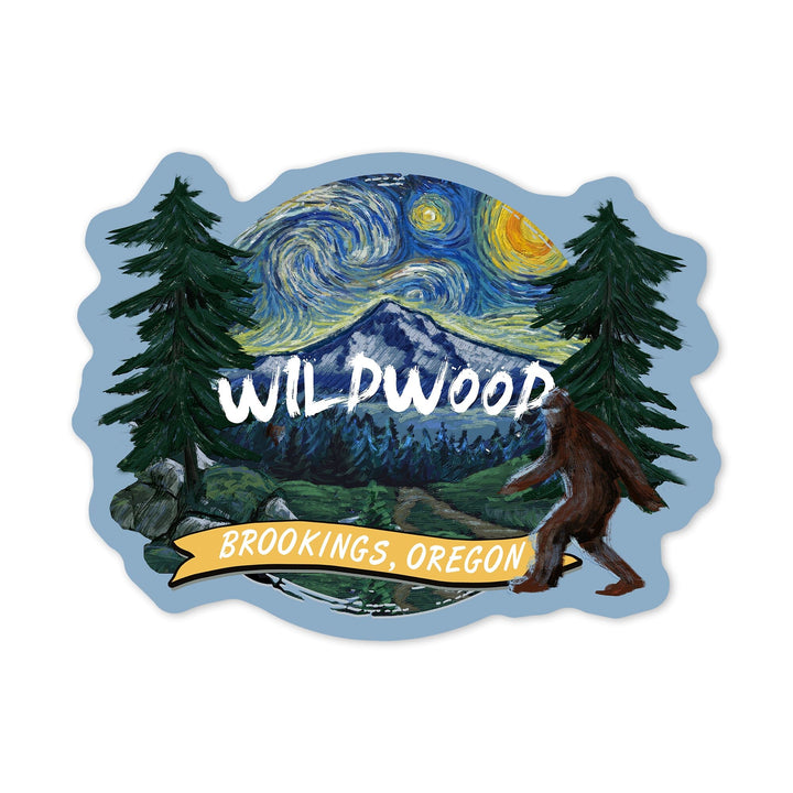 Brookings, Oregon, Bigfoot Country, Starry Night, Contour, Vinyl Sticker Sticker Lantern Press 