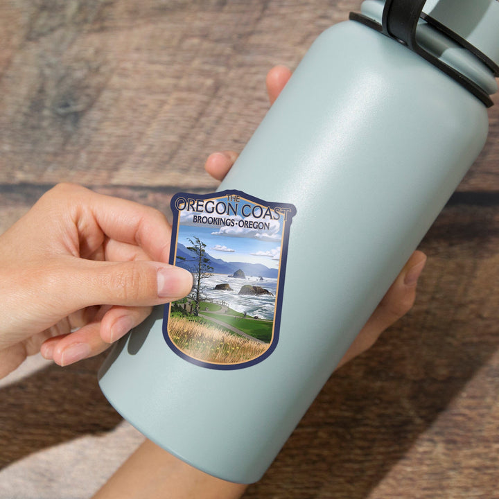 Brookings, Oregon, Oregon Coast, Haystack Rock Scene, Contour, Vinyl Sticker Sticker Lantern Press 