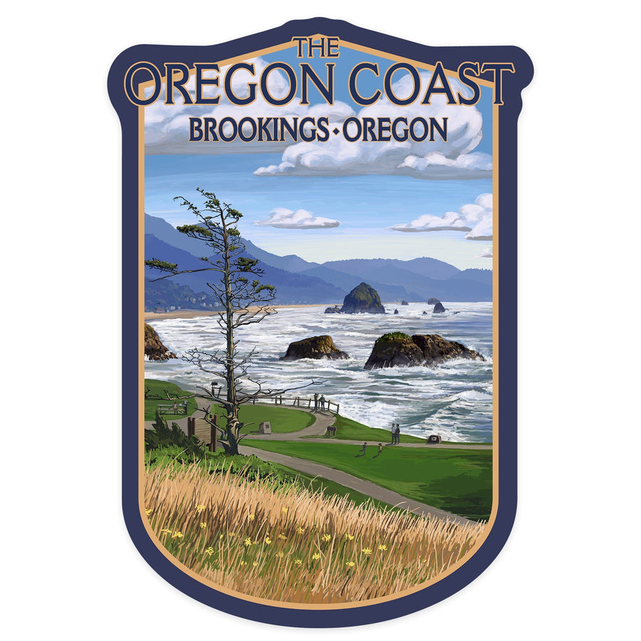 Brookings, Oregon, Oregon Coast, Haystack Rock Scene, Contour, Vinyl Sticker Sticker Lantern Press 
