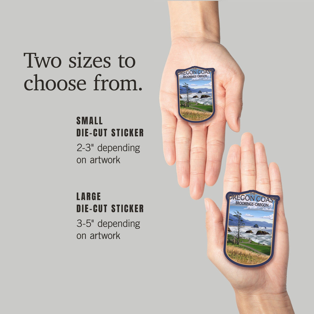 Brookings, Oregon, Oregon Coast, Haystack Rock Scene, Contour, Vinyl Sticker Sticker Lantern Press 