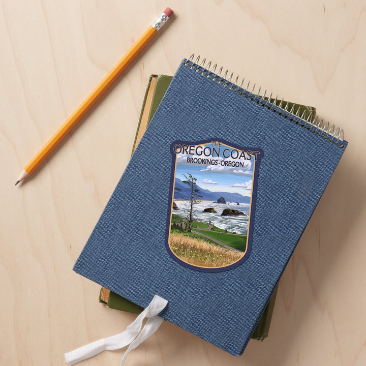 Brookings, Oregon, Oregon Coast, Haystack Rock Scene, Contour, Vinyl Sticker Sticker Lantern Press 