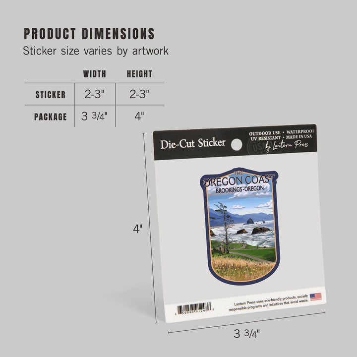 Brookings, Oregon, Oregon Coast, Haystack Rock Scene, Contour, Vinyl Sticker Sticker Lantern Press 