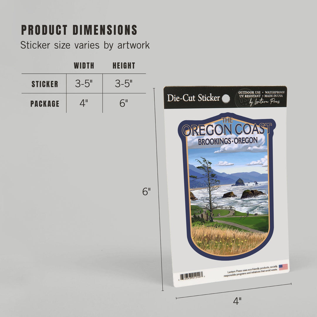 Brookings, Oregon, Oregon Coast, Haystack Rock Scene, Contour, Vinyl Sticker Sticker Lantern Press 