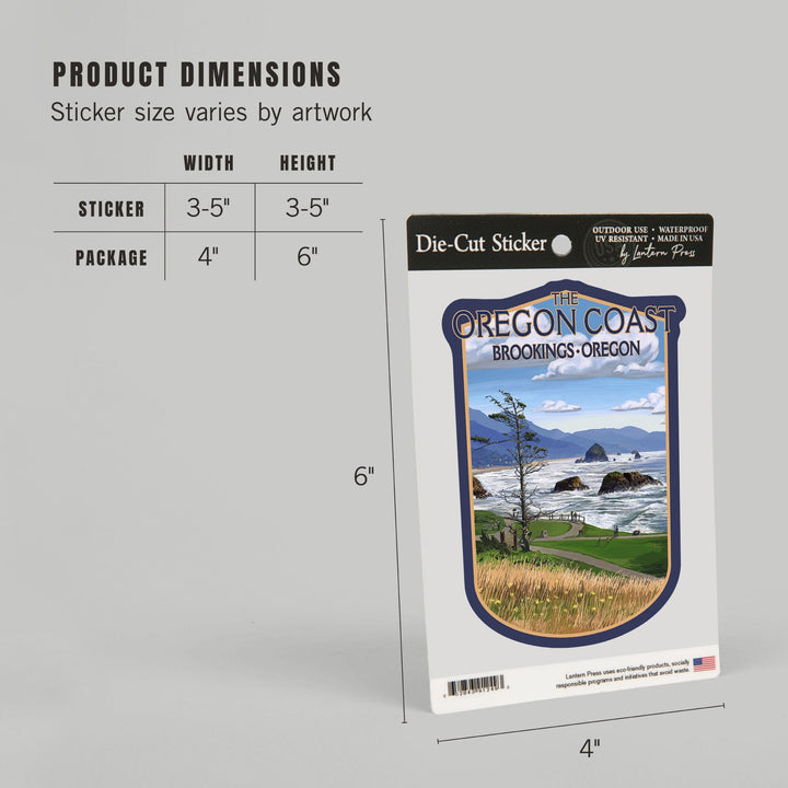 Brookings, Oregon, Oregon Coast, Haystack Rock Scene, Contour, Vinyl Sticker Sticker Lantern Press 