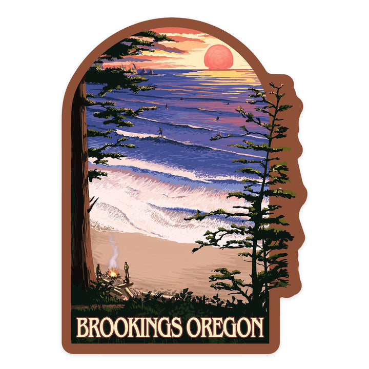 Brookings, Oregon, Sunset Surfers, Contour, Vinyl Sticker Sticker Lantern Press 