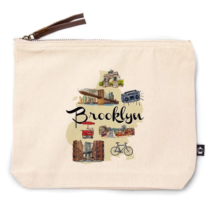 Brooklyn, New York, Landmarks and Icons,, Organic Cotton Zipper Pouch, Go Bag Go Bag Lantern Press 