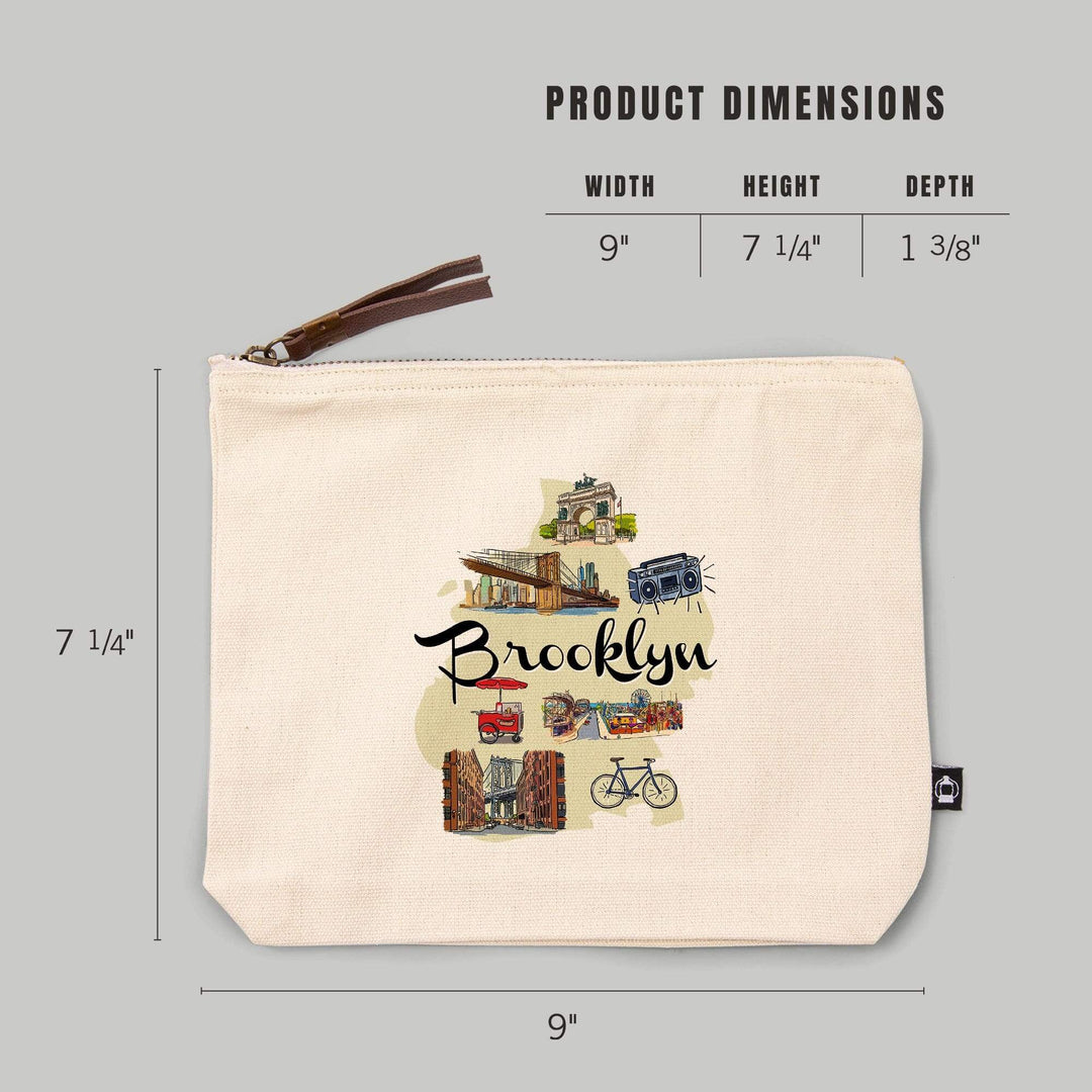 Brooklyn, New York, Landmarks and Icons,, Organic Cotton Zipper Pouch, Go Bag Go Bag Lantern Press 