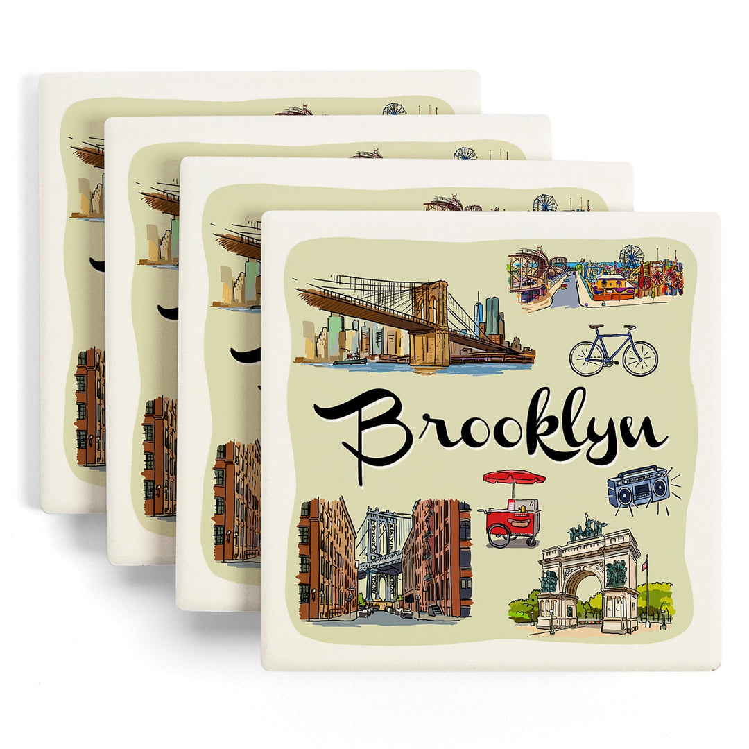 Brooklyn, New York, Landmarks & Icons, Lantern Press Artwork, Coaster Set - Lantern Press