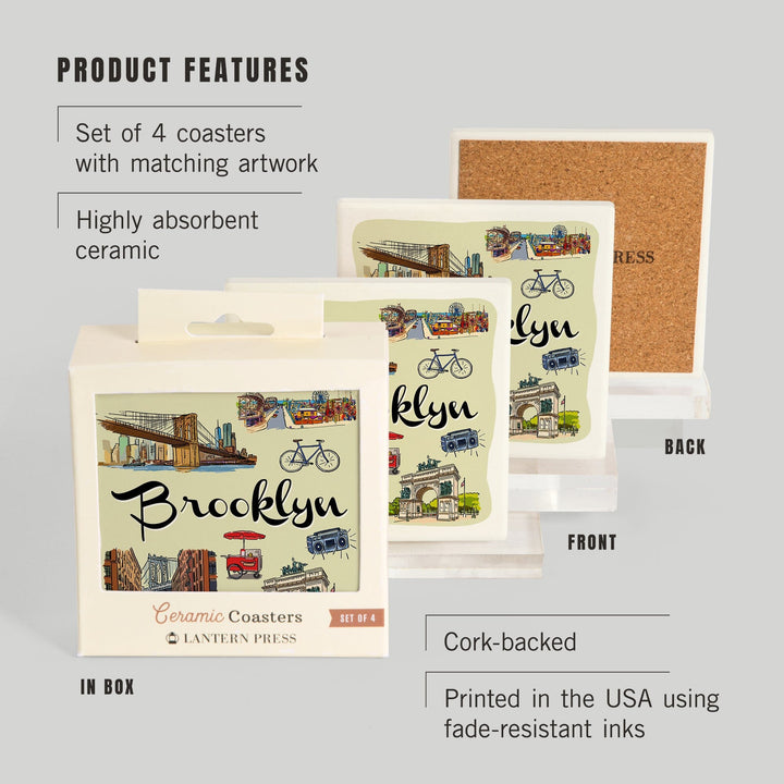 Brooklyn, New York, Landmarks & Icons, Lantern Press Artwork, Coaster Set - Lantern Press