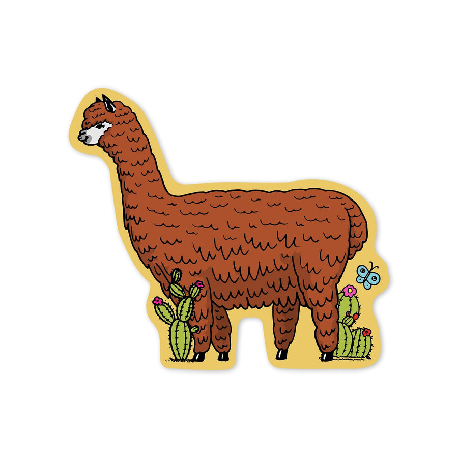 Brown Alpaca and Butterfly, Vector Doodle, Contour, Artwork, Vinyl Sticker Sticker Lantern Press 