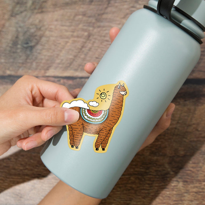 Brown Alpaca and Clouds, Vector Doodle, Contour, Artwork, Vinyl Sticker Sticker Lantern Press 