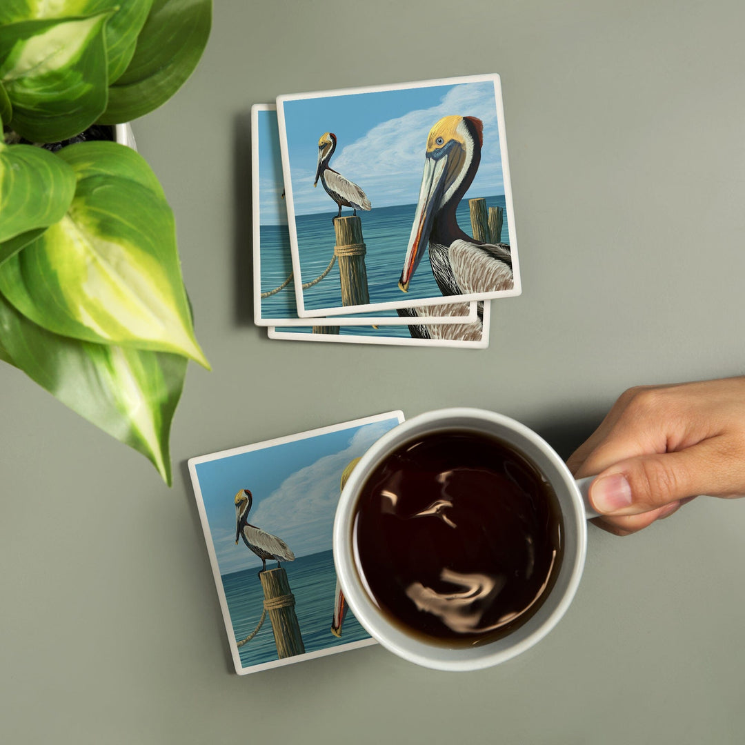 Brown Pelican, Lantern Press Artwork, Coaster Set - Lantern Press