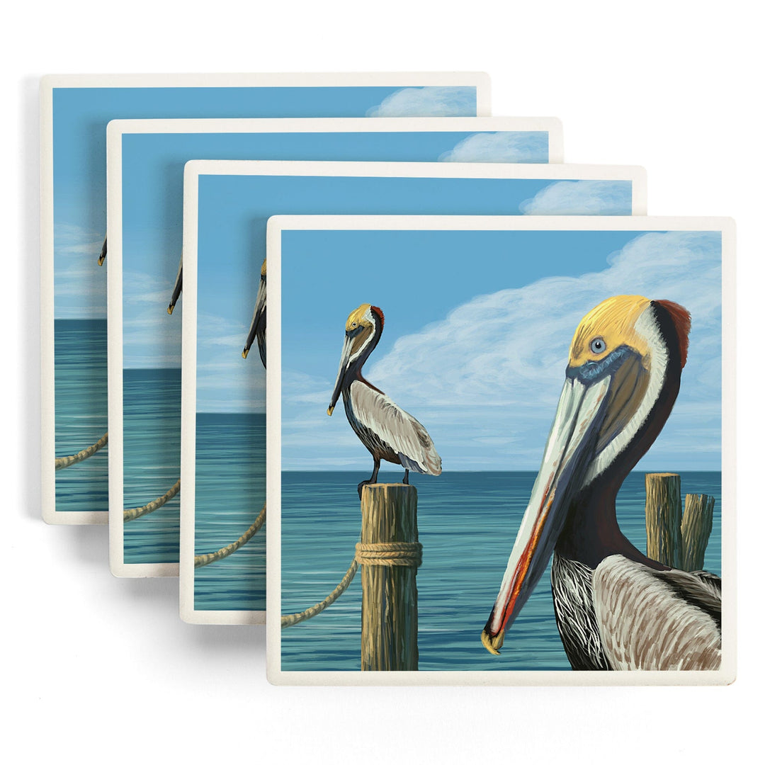 Brown Pelican, Lantern Press Artwork, Coaster Set - Lantern Press