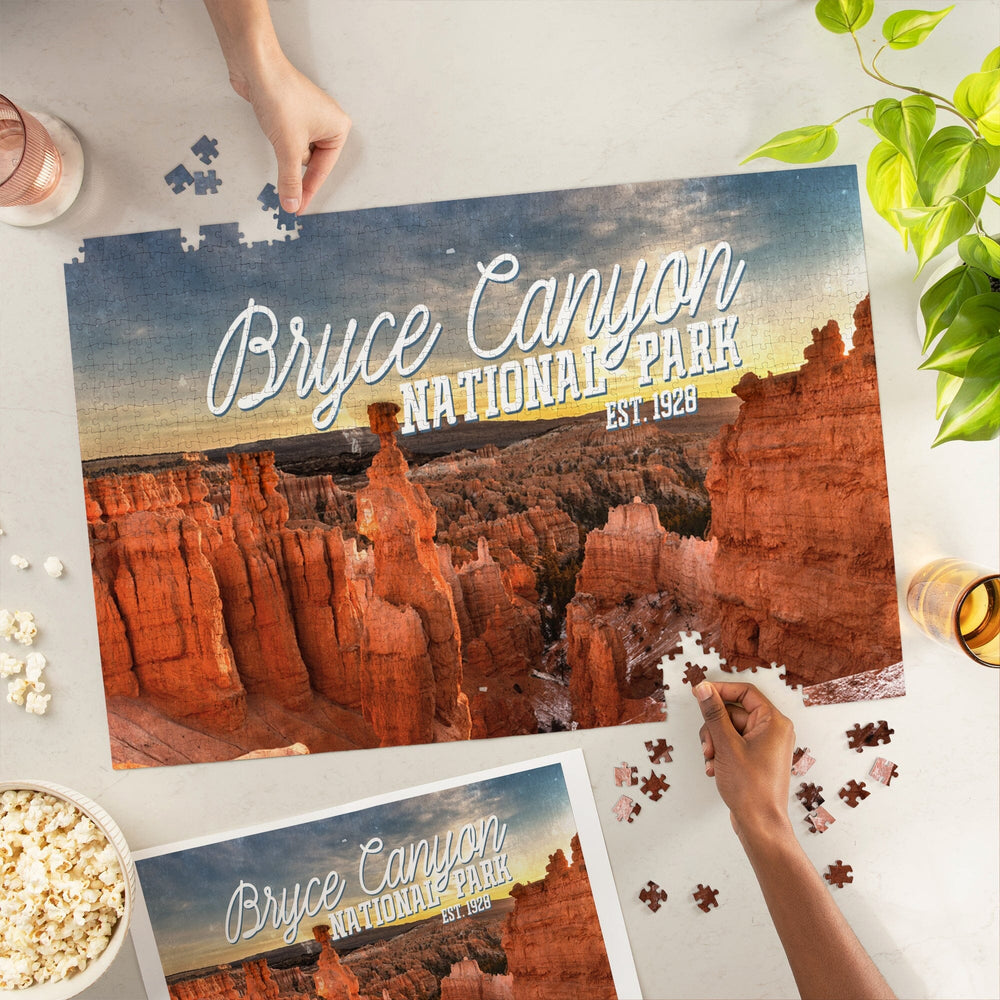 Bryce Canyon National Park, Utah, Distressed Script, Jigsaw Puzzle Puzzle Lantern Press 