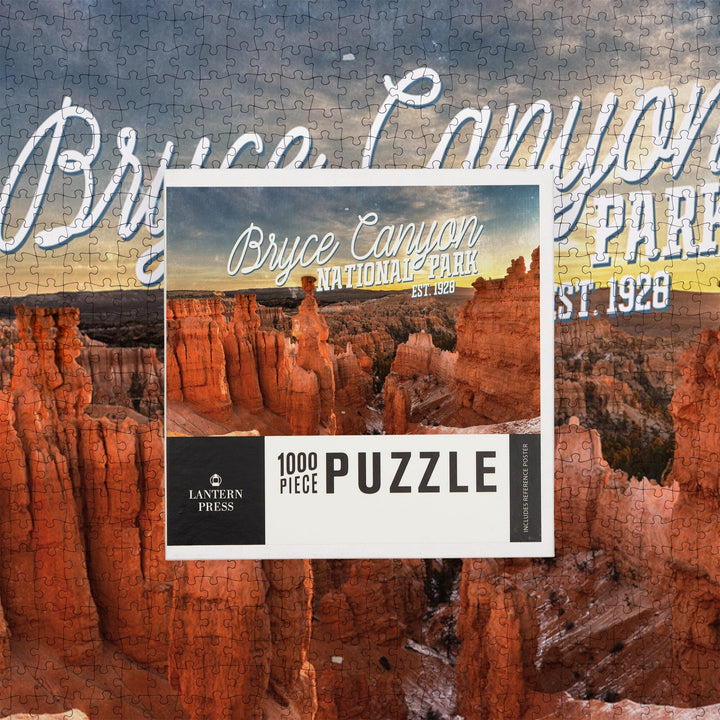 Bryce Canyon National Park, Utah, Distressed Script, Jigsaw Puzzle Puzzle Lantern Press 