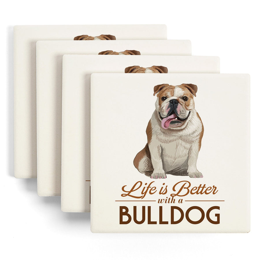 Bulldog, Life is Better, White Background, Lantern Press Artwork, Coaster Set - Lantern Press