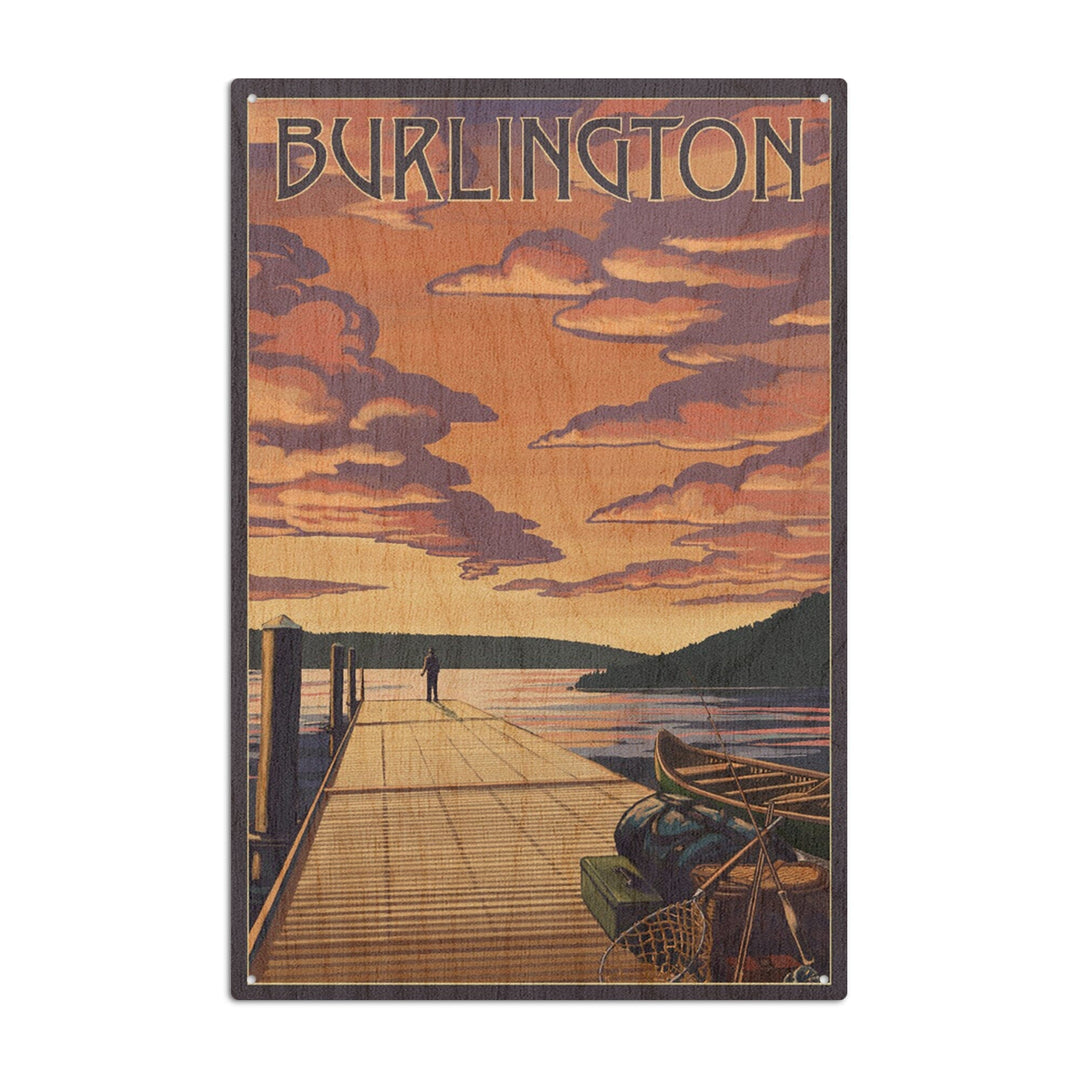 Burlington, Vermont, Dock and Sunset, Lantern Press Artwork, Wood Signs and Postcards Wood Lantern Press 10 x 15 Wood Sign 
