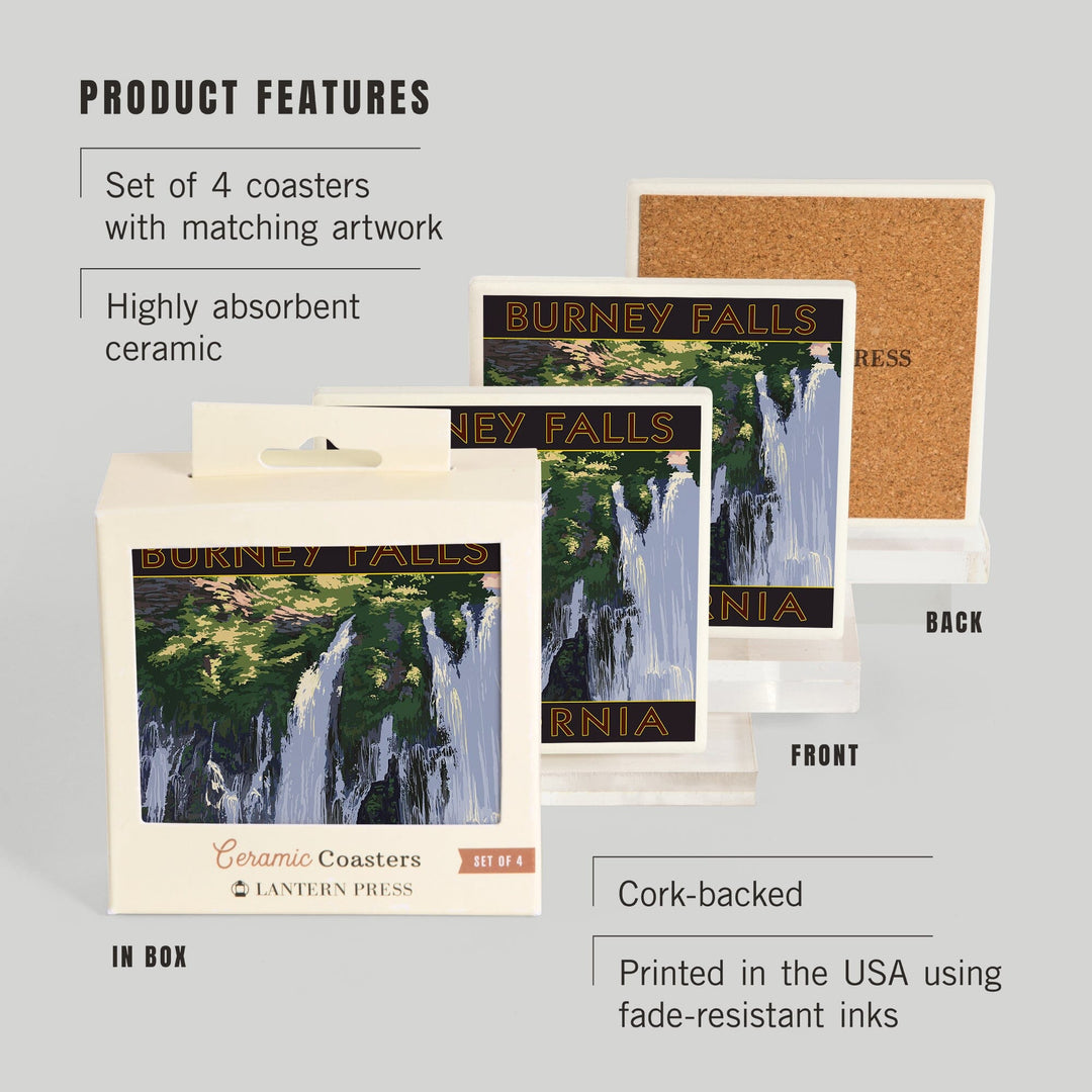 Burney Falls, California Scene, Lantern Press Artwork, Coaster Set - Lantern Press