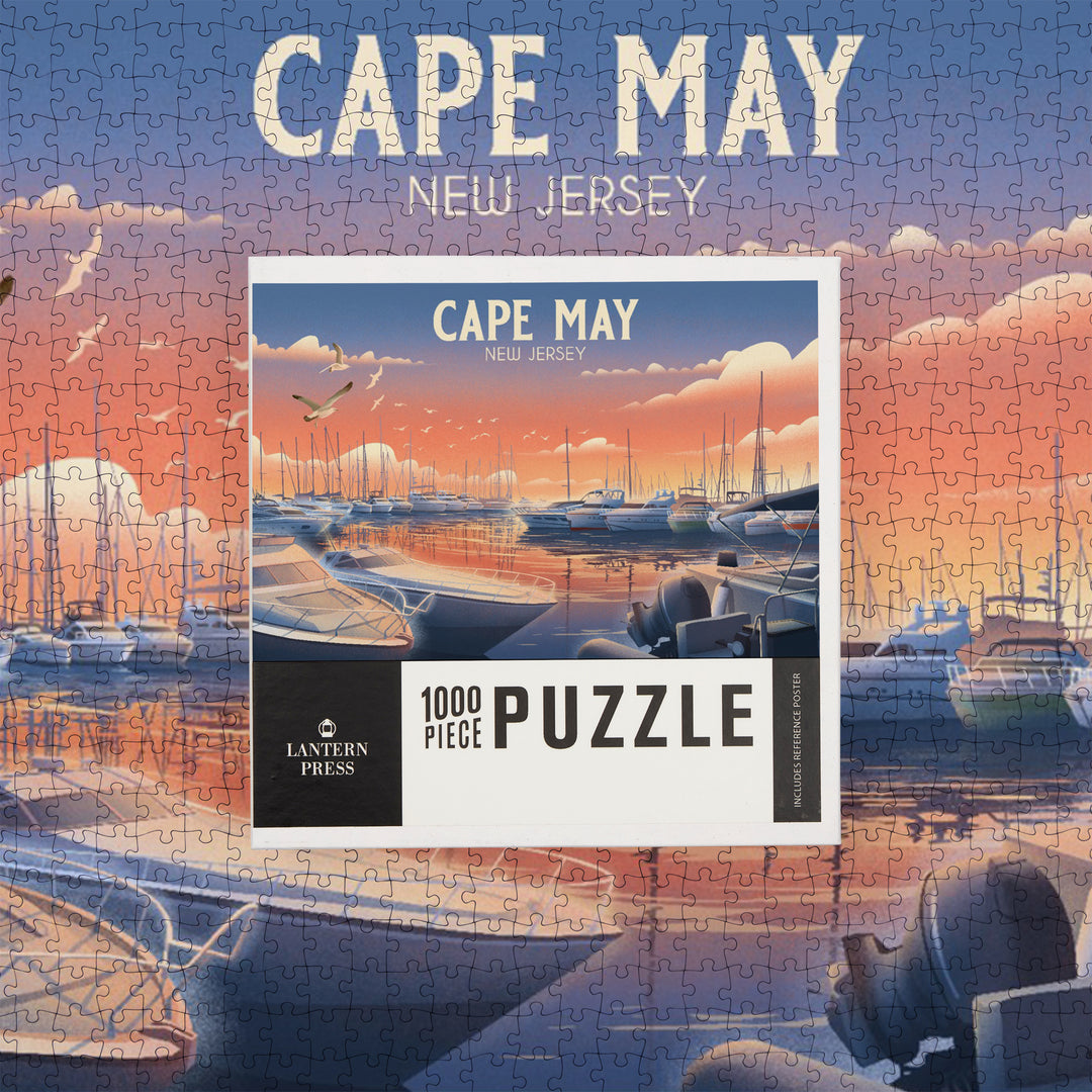 Cape May, New Jersey, Lithograph, Home Sweet Harbor, Boats in Marina, Jigsaw Puzzle